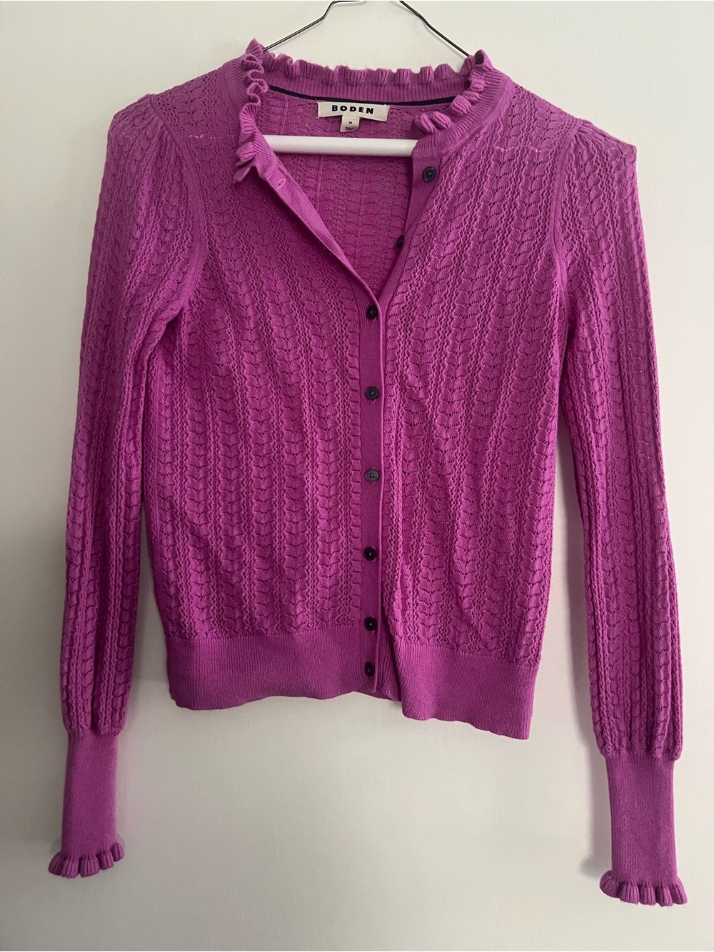 Boden Magenta Cable-Knit Ruffle-Trim Cardigan